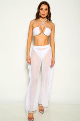 White Halter Cheeky Mesh Pants Three Piece Swimsuit Set Areous